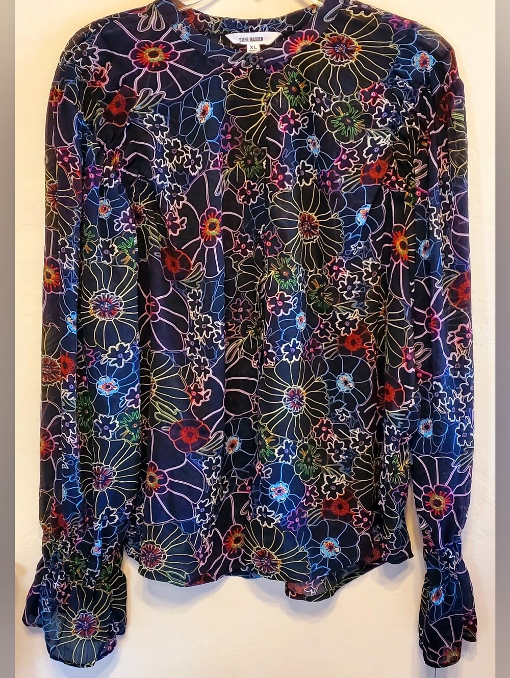 Steve Madden Women's XL Black Sheer Floral Camella BOHO Peasant Blouse